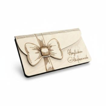 Holz‑Umschlag mit Schriftzug „Herzlichen Glückwunsch“, sauber gelasert, dekorative Geschenkverpackung für Geld oder Widmungen